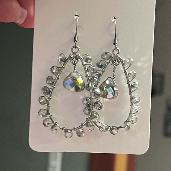 Artisan Silver Tone Wire Wrapped Smoky Crystal Drop Hoop Earrings - Picture 6 of 7